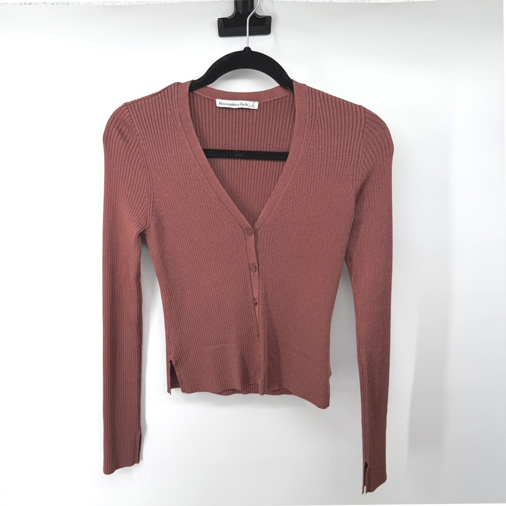 Abercrombie & Fitch Cardigan Ribbed Knit V-Neck Small Mauve Brown Womens Sweater